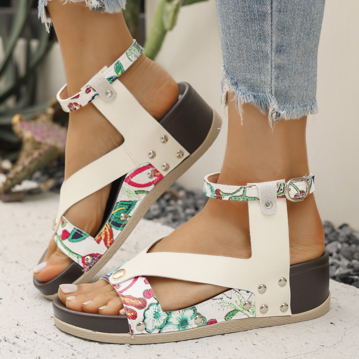 Leopard Ankle Strap Wedge Sandals