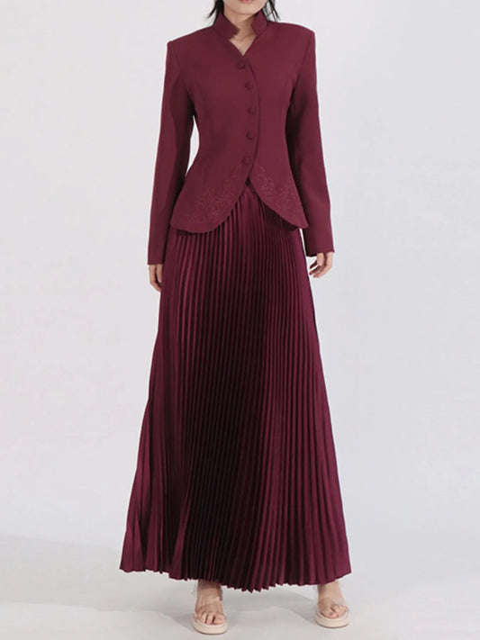 Button Up Long Sleeve Top and Pleated Skirt Set