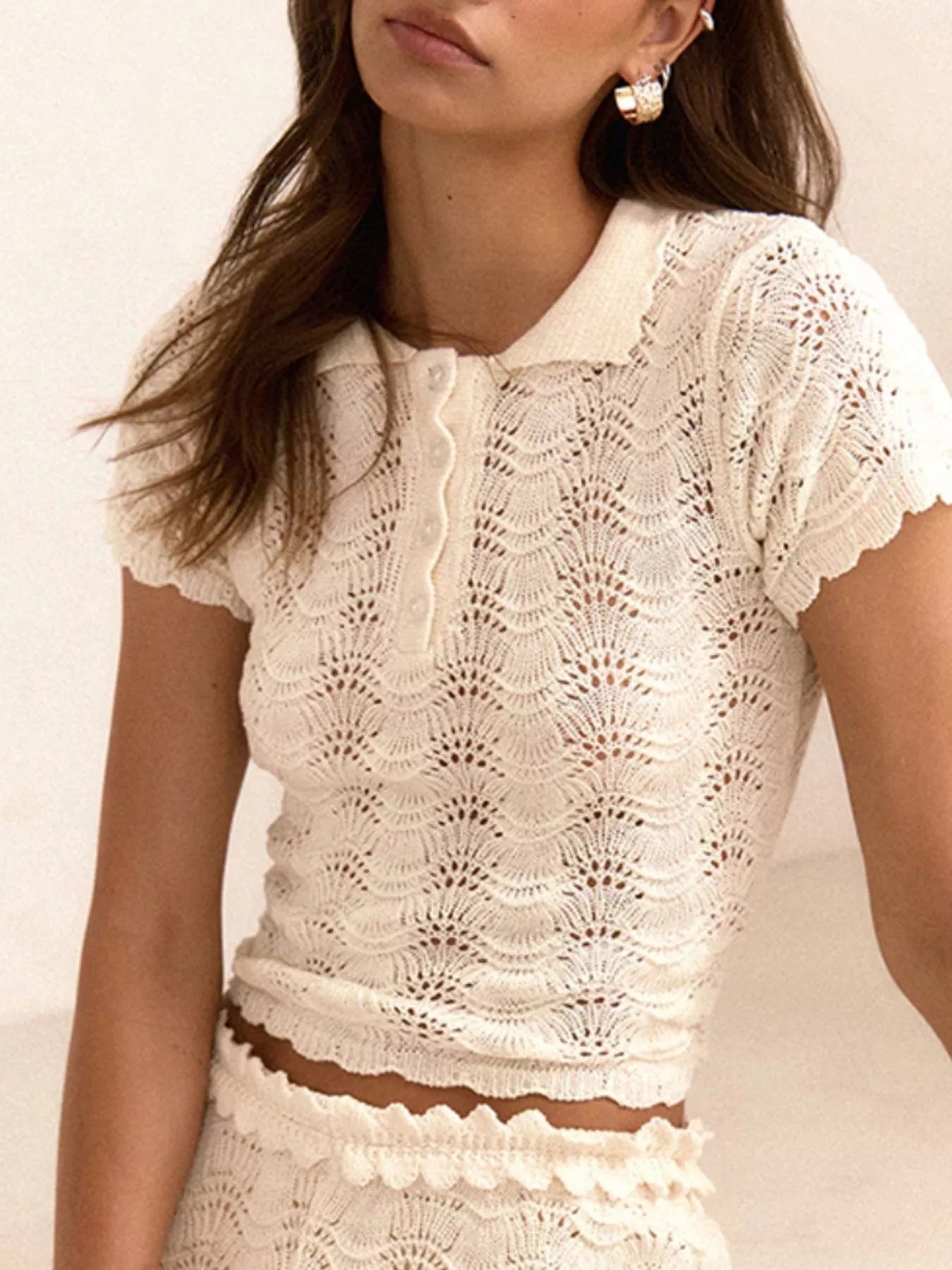 Openwork Crochet Knit Polo Top and Shorts Set