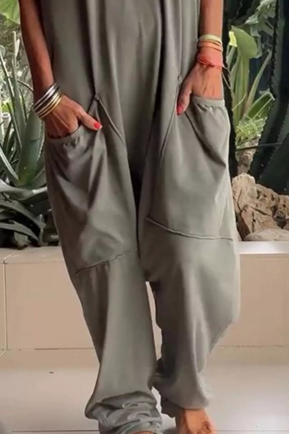 Full Size Casual V-Neck Short Sleeve Jumpsuit with Pockets Plus Size