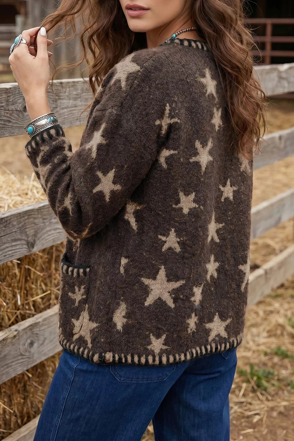 Stars Pattern Colorblock Long Sleeve Shift Cardigan
