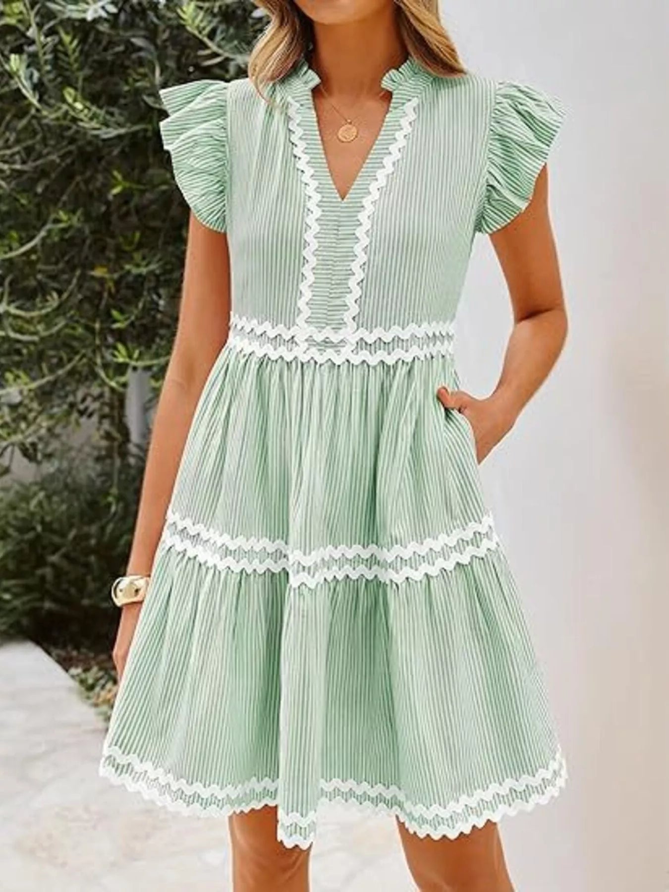Striped Ruffle Sleeve Tiered Dress