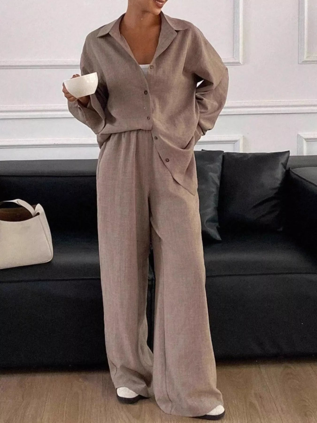 Button-Down Shirt and Wide-Leg Pants Set
