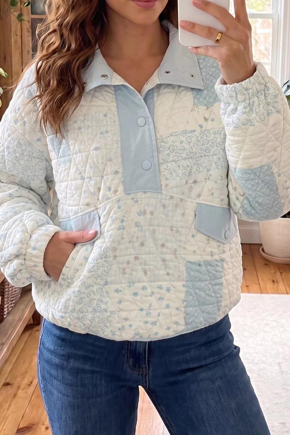 Patchwork Quilted Snap-Neck Sweatshirt