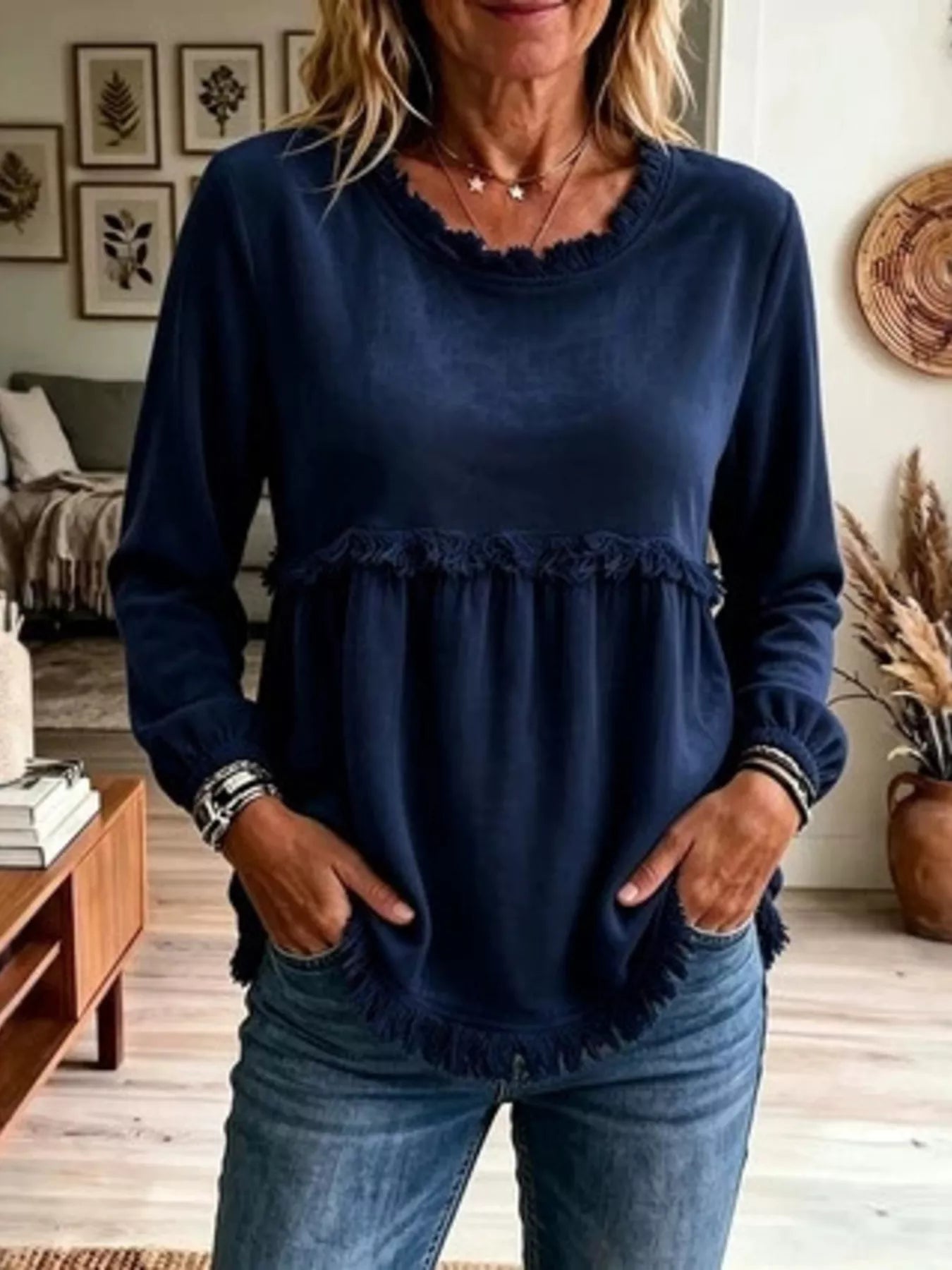 Fringed Hem Long Sleeve T-Shirt