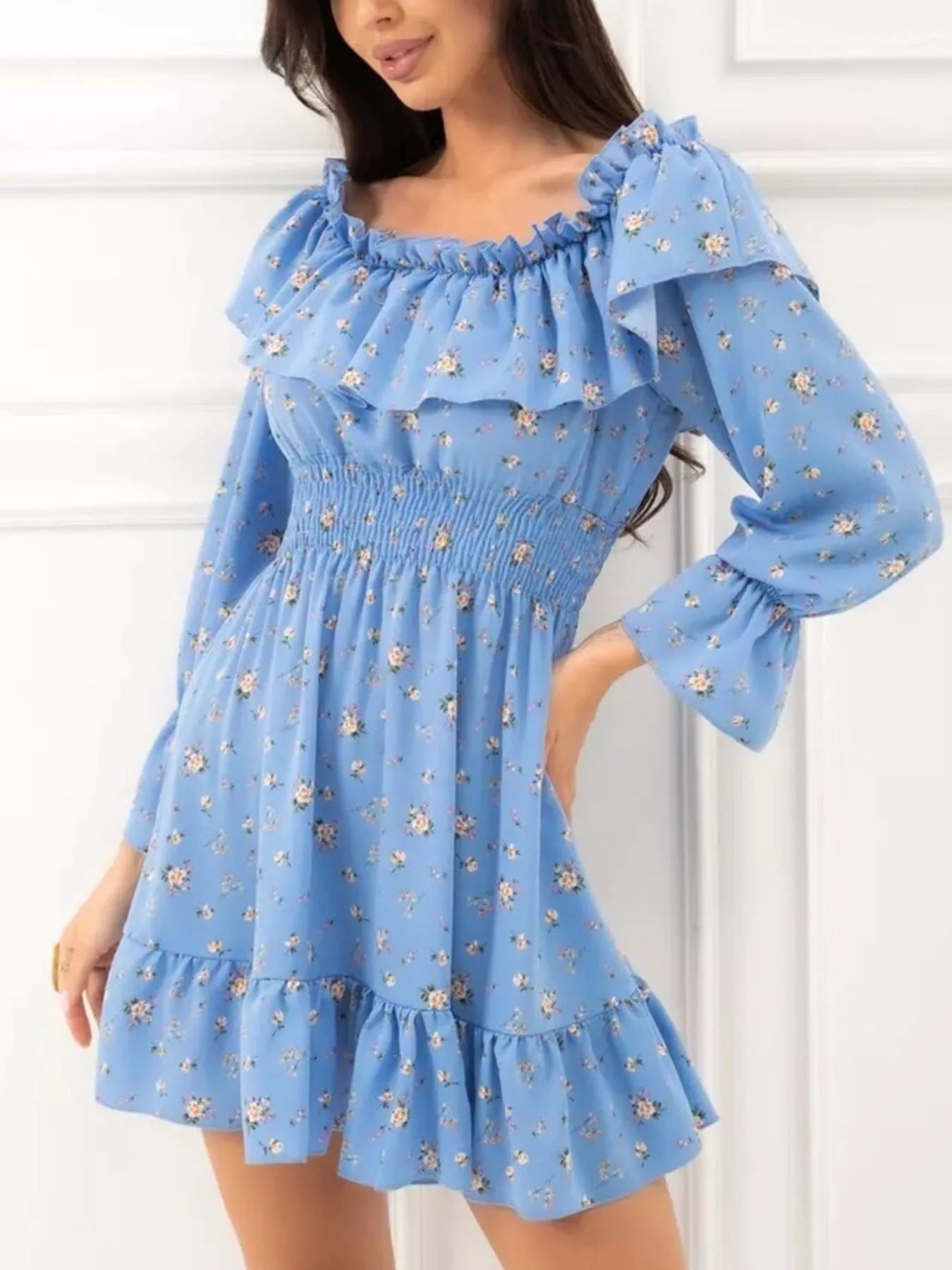 Off-Shoulder Floral Print Ruffle Dress