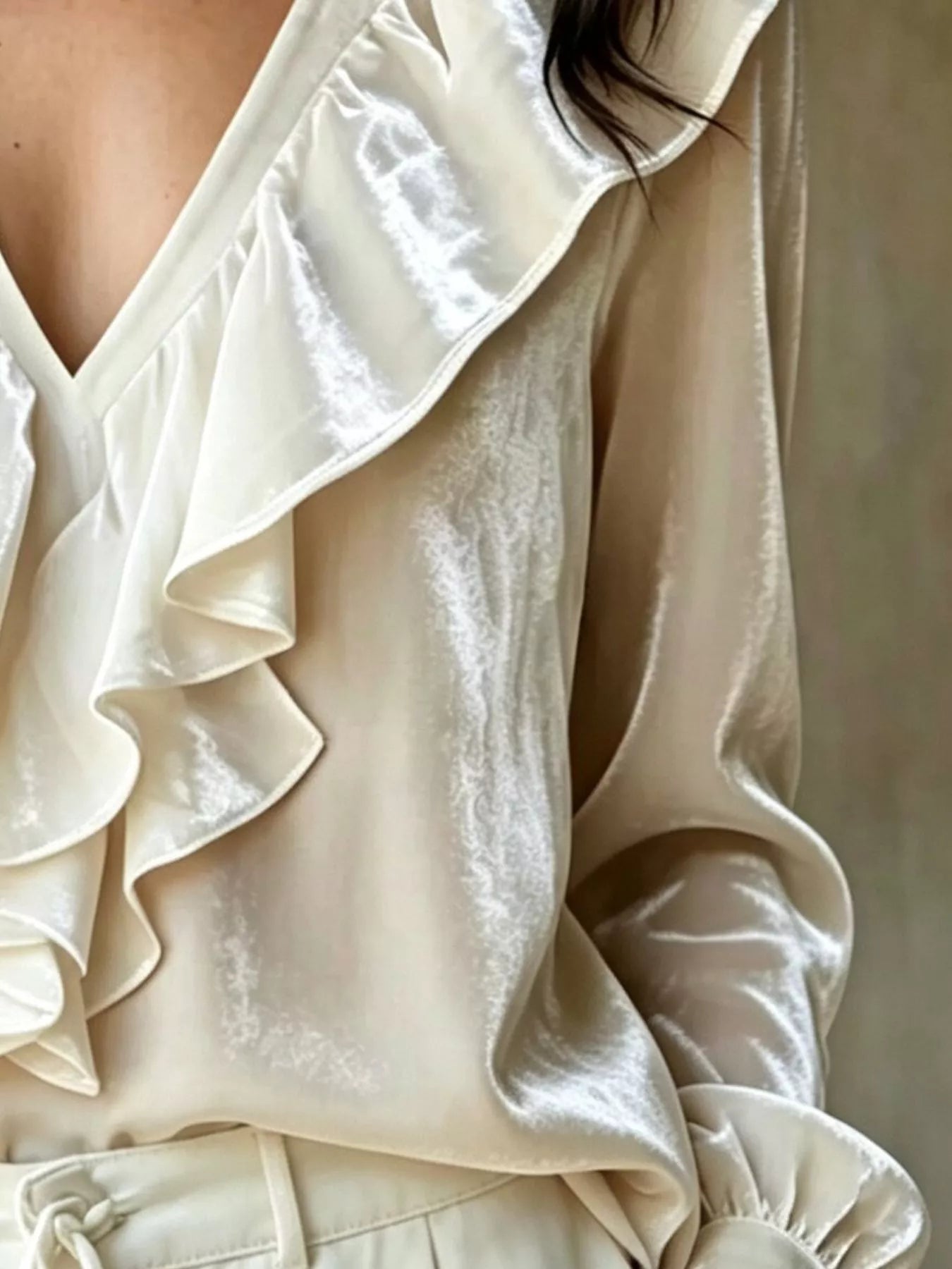 Ruffled V-Neck Long Sleeve Blouse