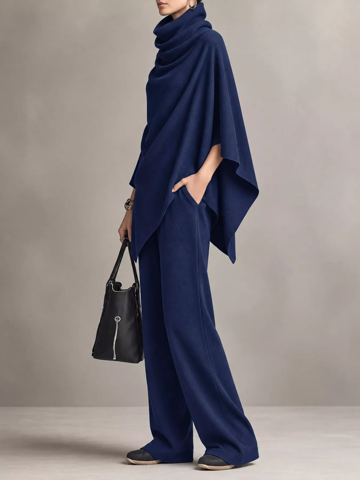 Full Size Turtleneck Poncho and Wide-Leg Pants Set Plus Size