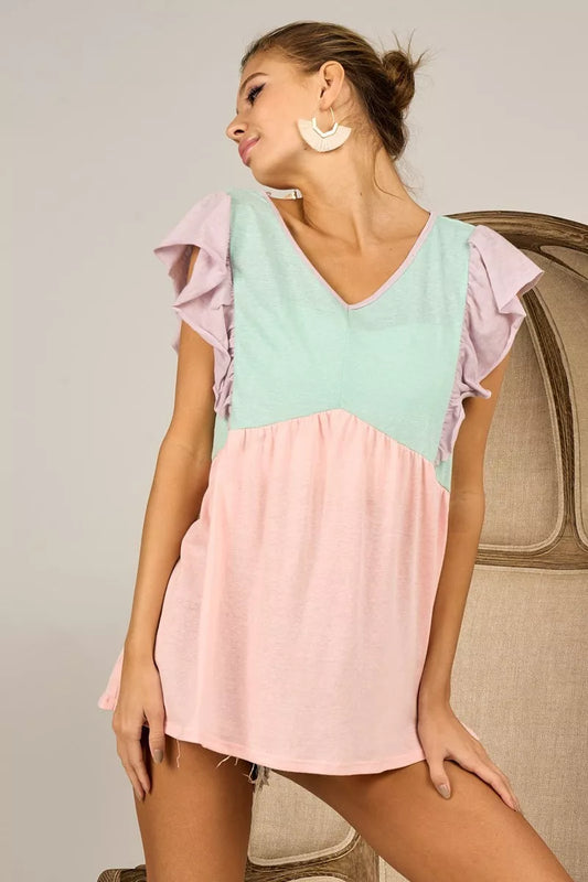 BiBi Triblend Color Block Ruffled Sleeve Babydoll Top