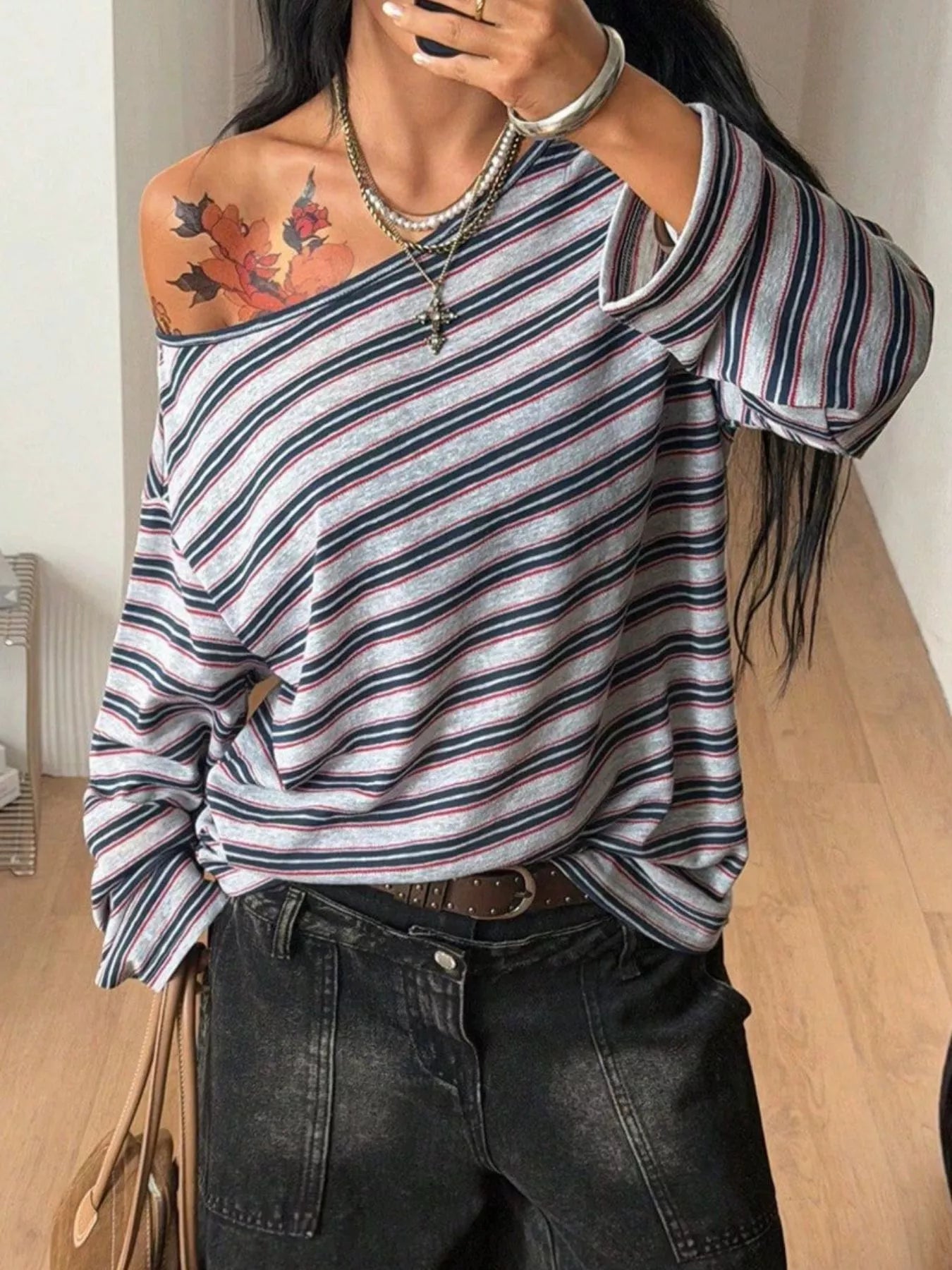Striped Boat Neck Long Sleeve T-Shirt