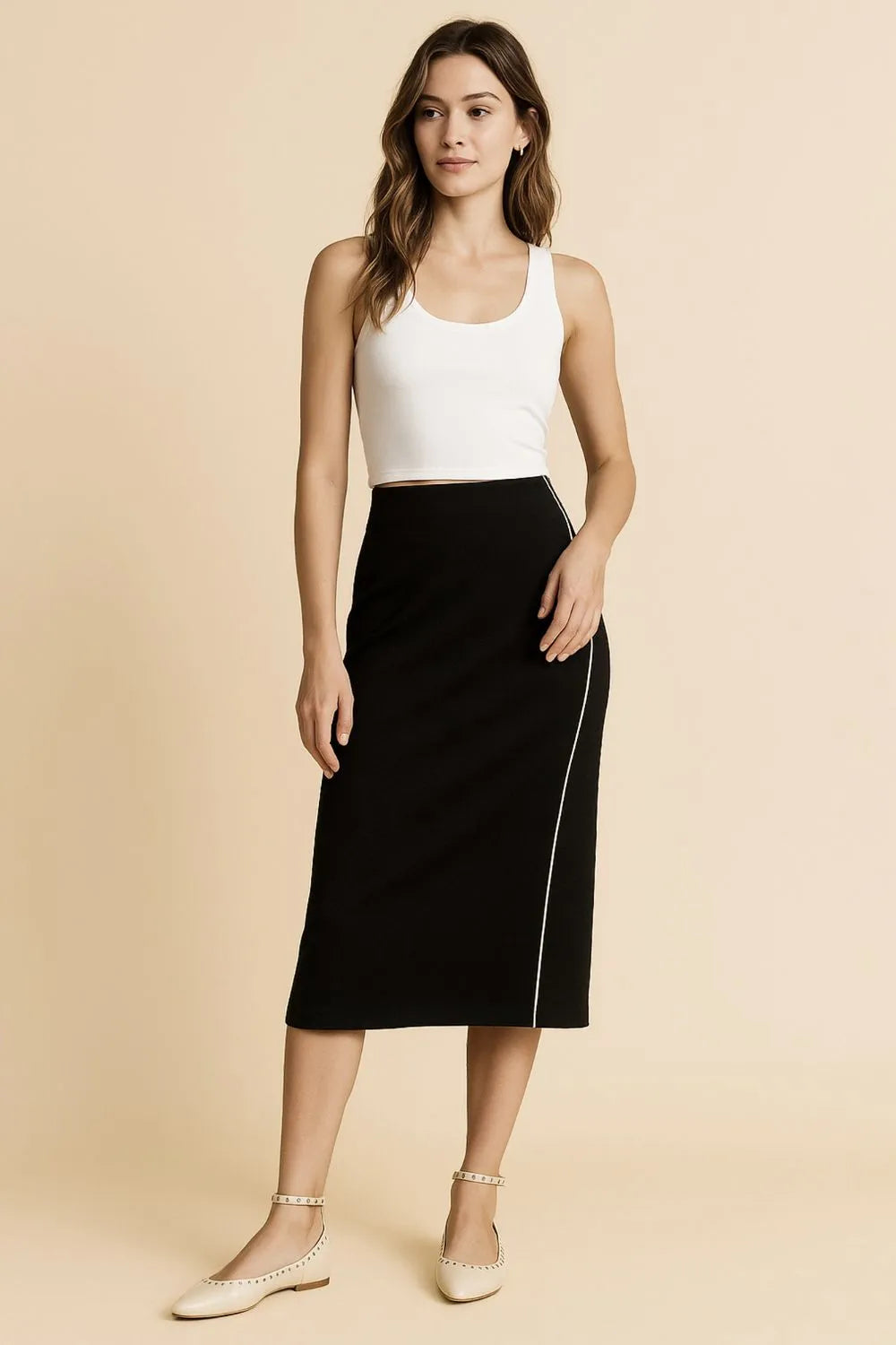 Umgee Midi Pencil Skirt with Contrast Piping Detail