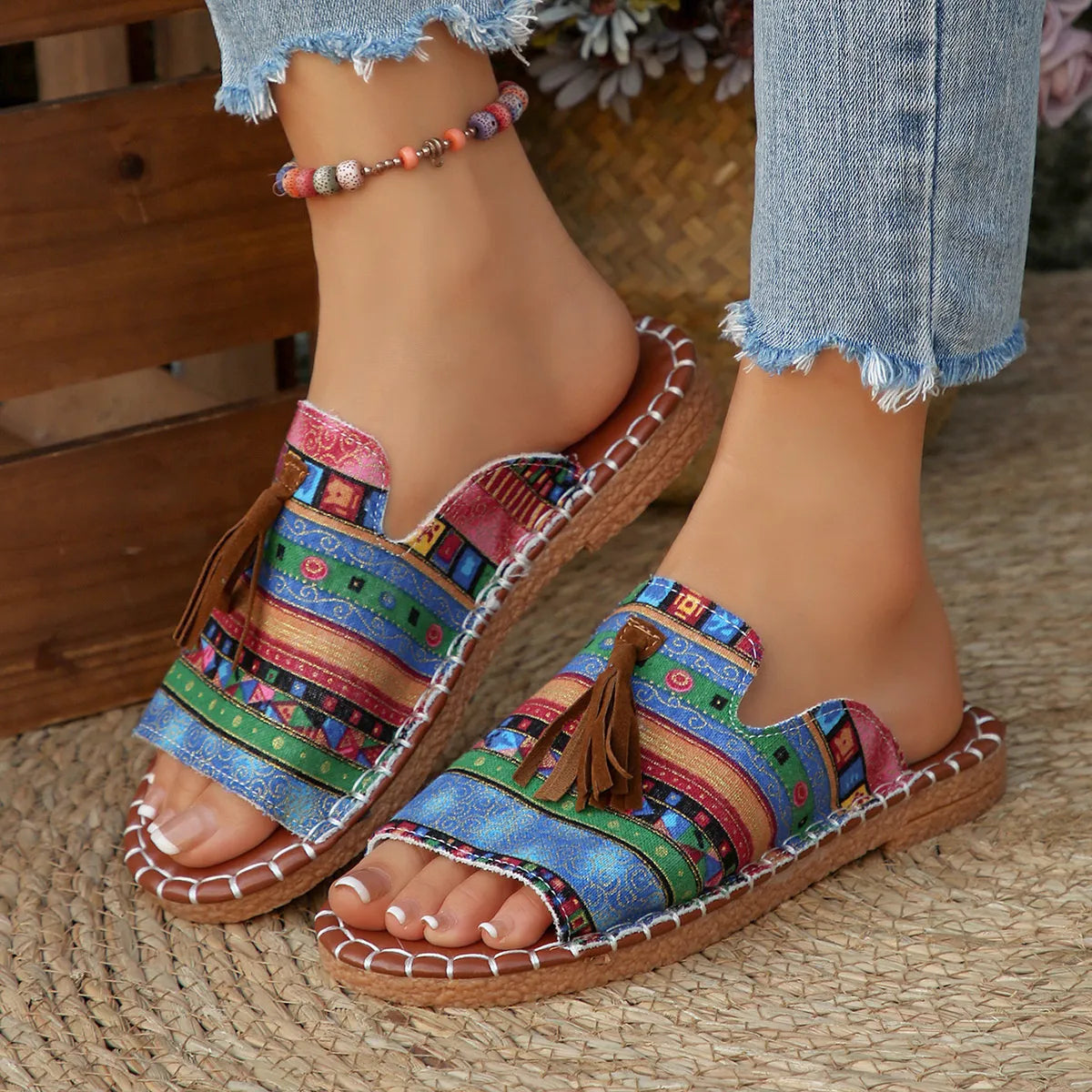 Printed Tassel Flat Sandals