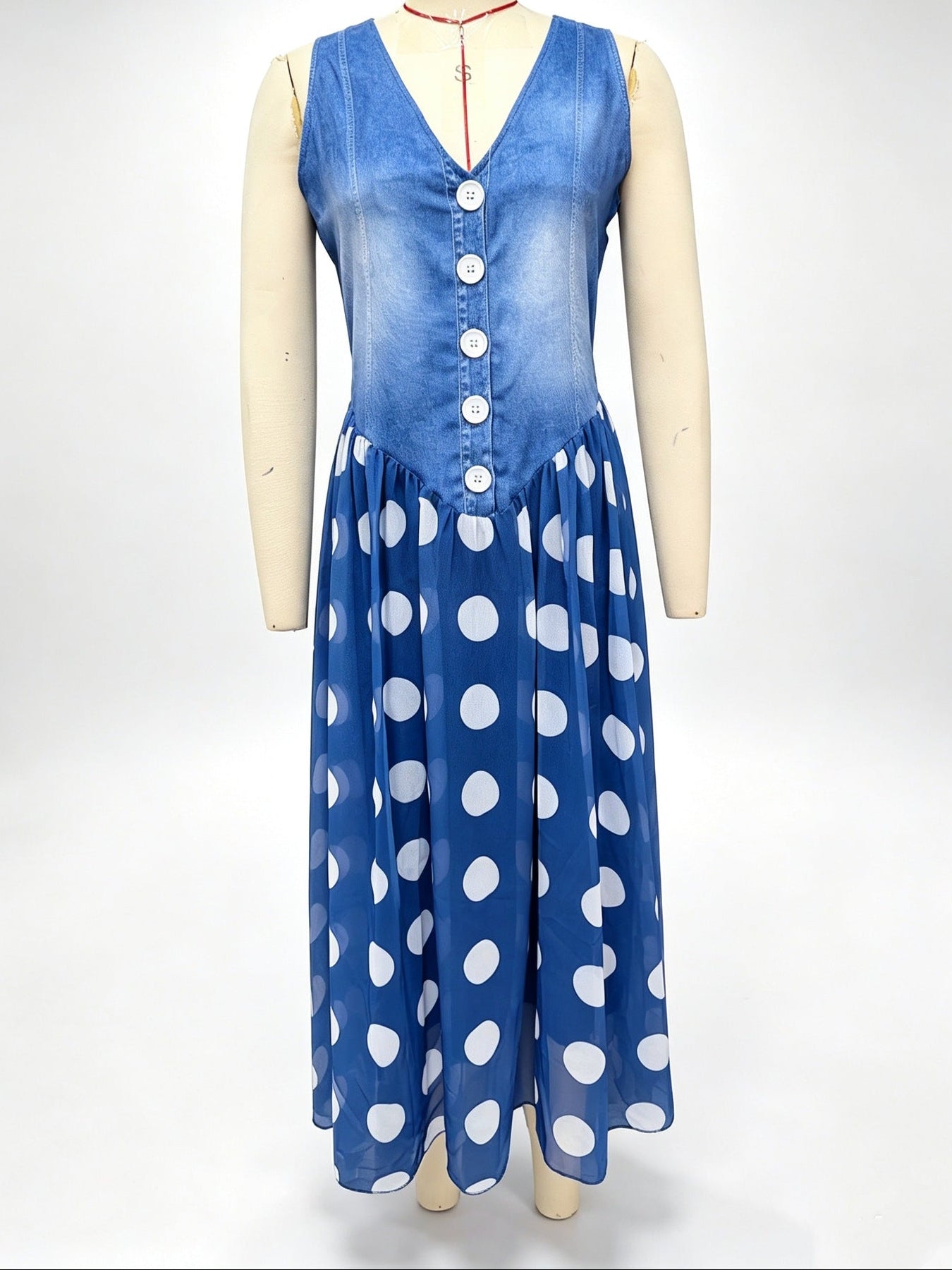 Denim Bodice Polka Dot Chiffon Skirt Sleeveless Midi Dress