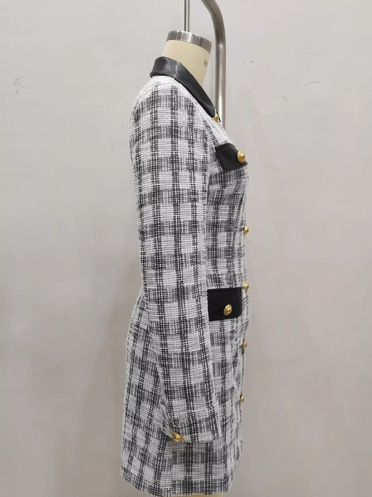 Long Sleeve Plaid Tweed Button-Down Mini Dress