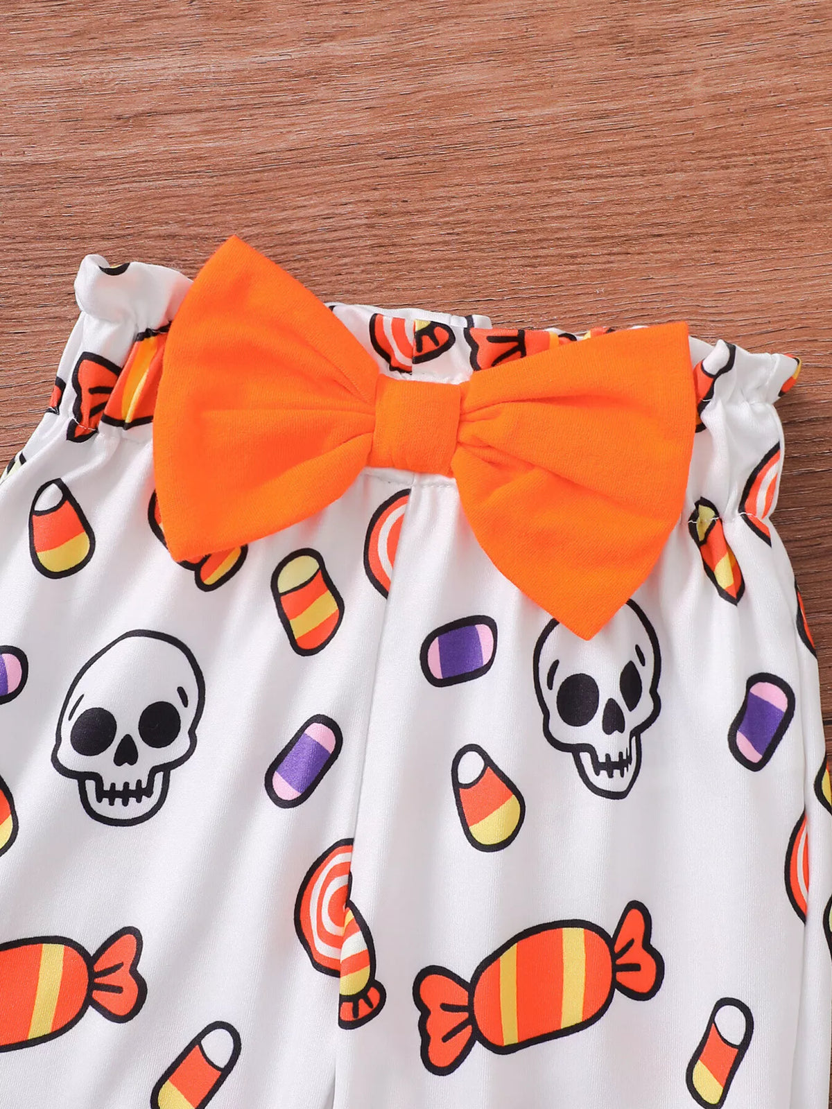 Children's Halloween Skull Print Long Sleeve Bodysuit and Pants Set with Bow Headband