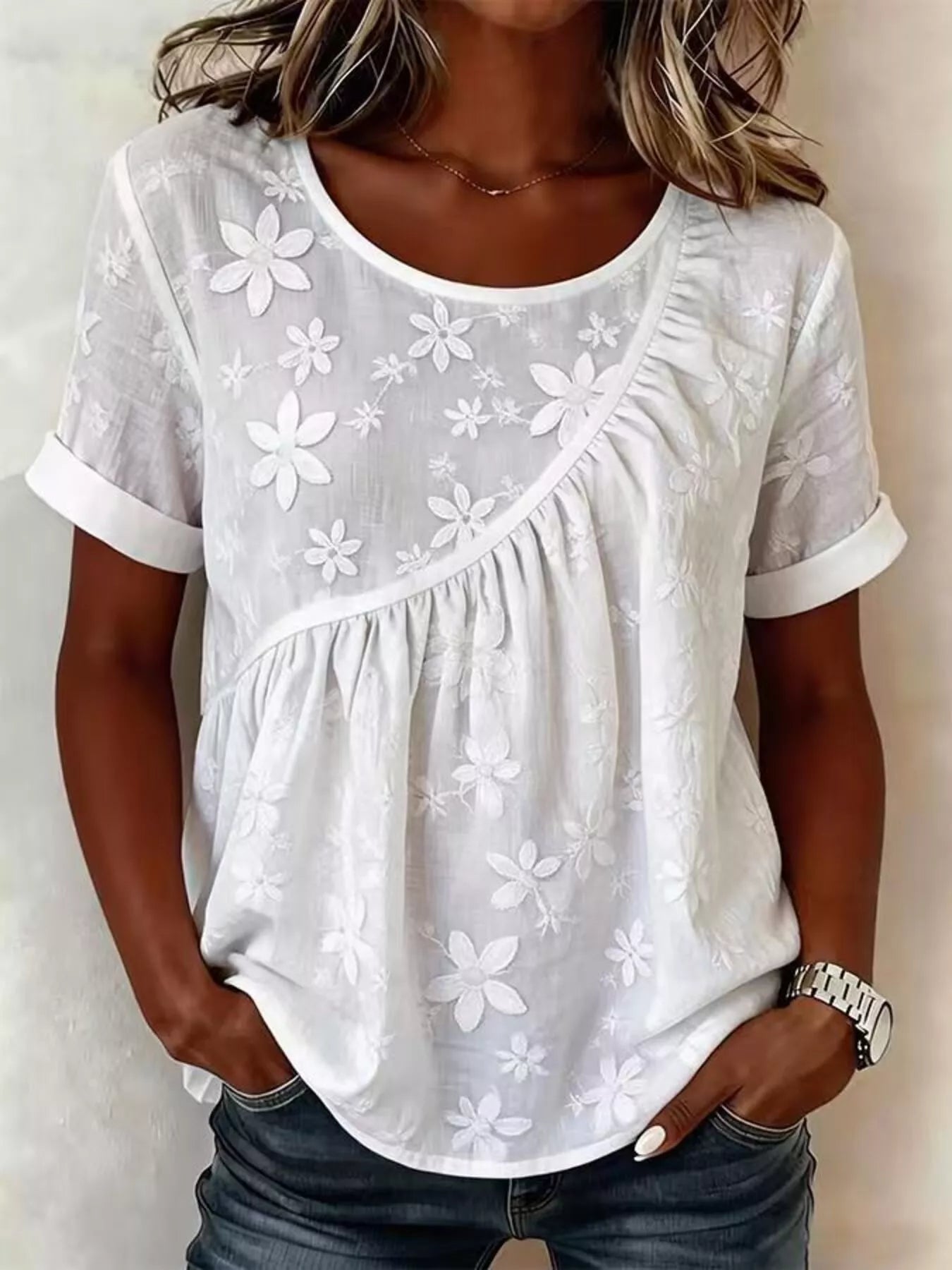 Full Size Floral Embroidered Round Neck Short Sleeve Top Plus Size