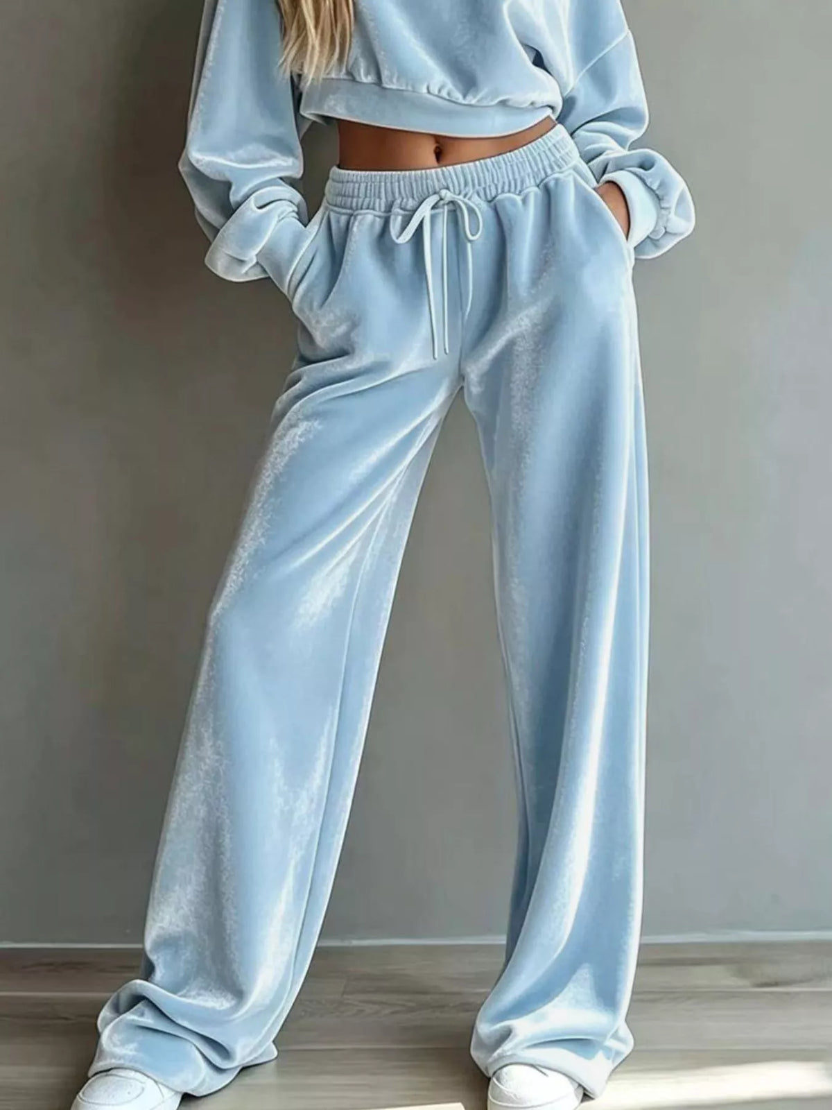 Full Size Cropped Sweatshirt and Wide-Leg Pants Set Plus Size