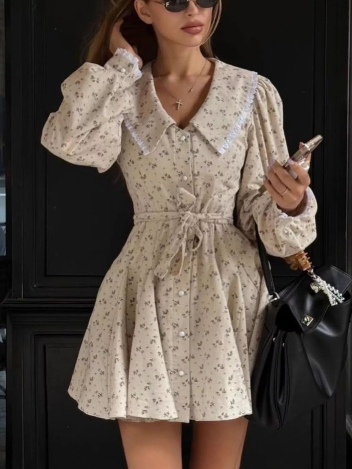Floral Print Puff Sleeve Button-Down Mini Dress
