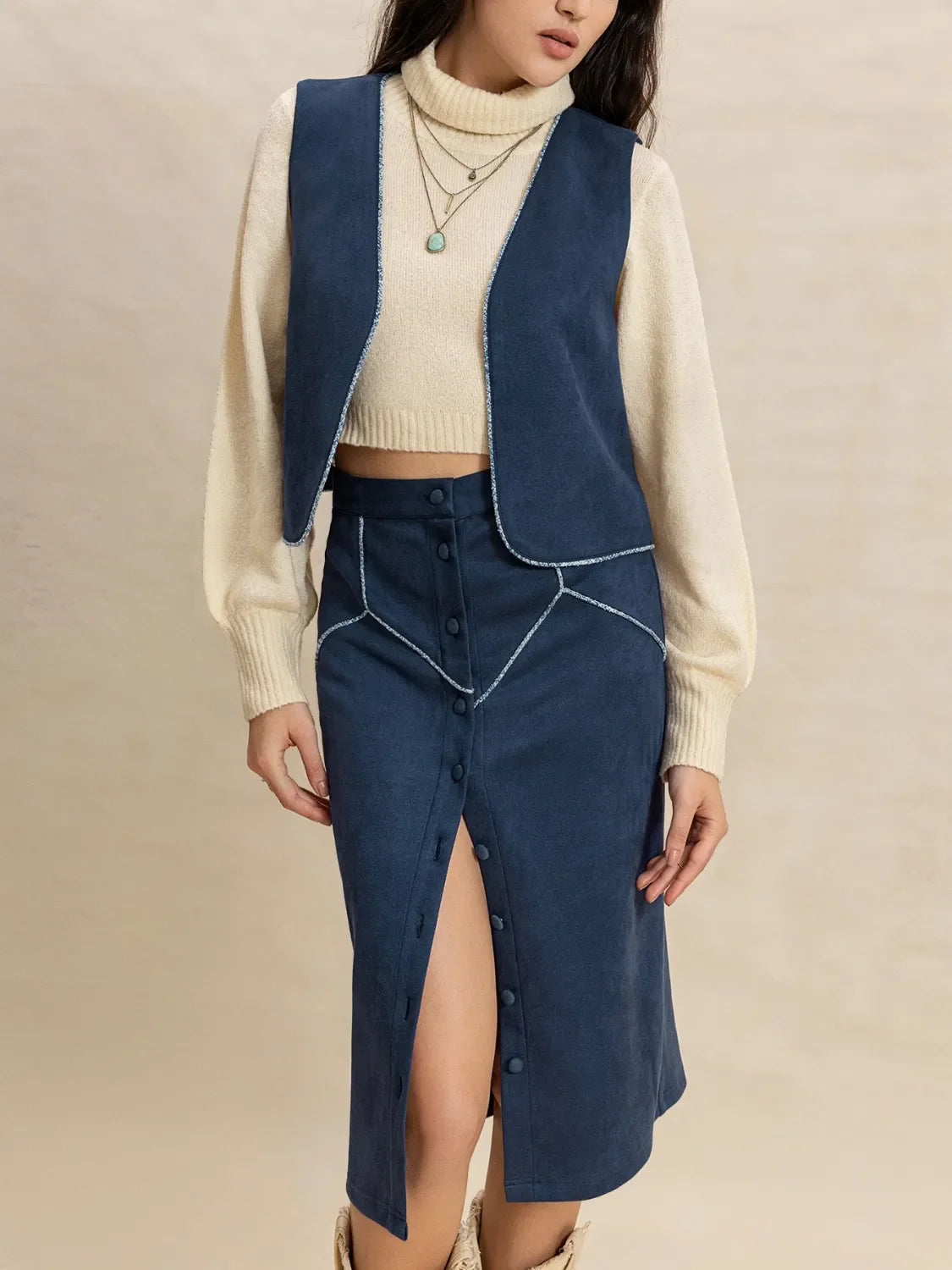 Open Front Vest and Buttoned Skirt Set