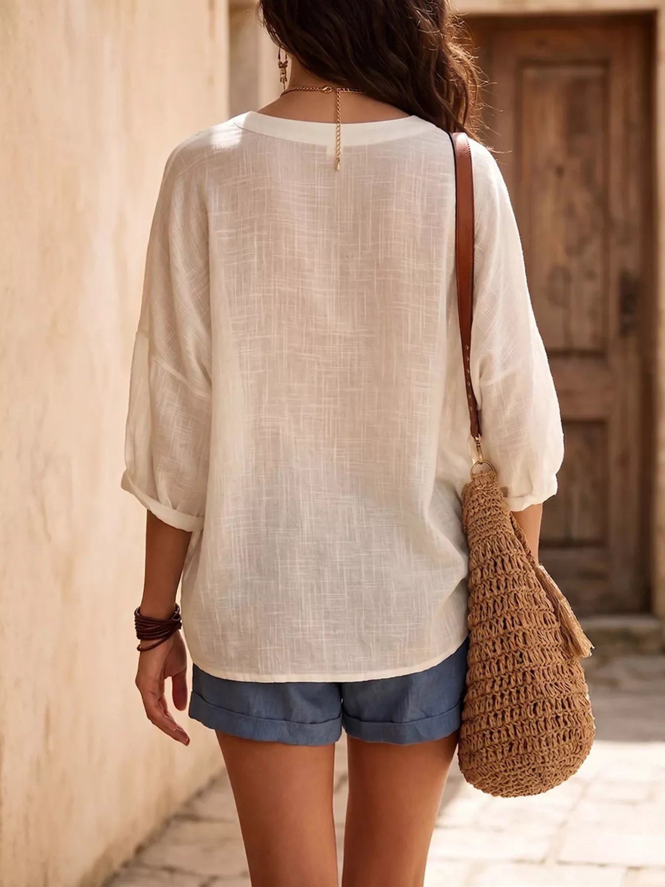 Full Size V-Neck Loose Fit Linen Blend Blouse Plus Size
