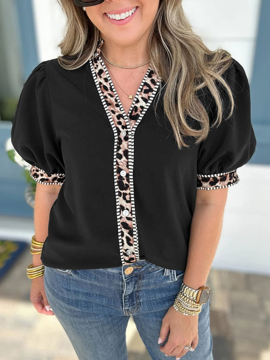 Leopard Trim Puff Sleeve Blouse