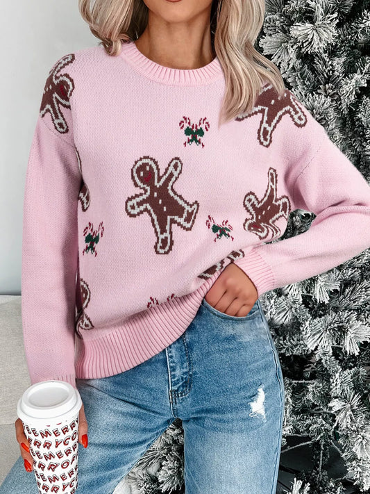 Christmas Ginger Bread Man Round Neck Casual Sweater