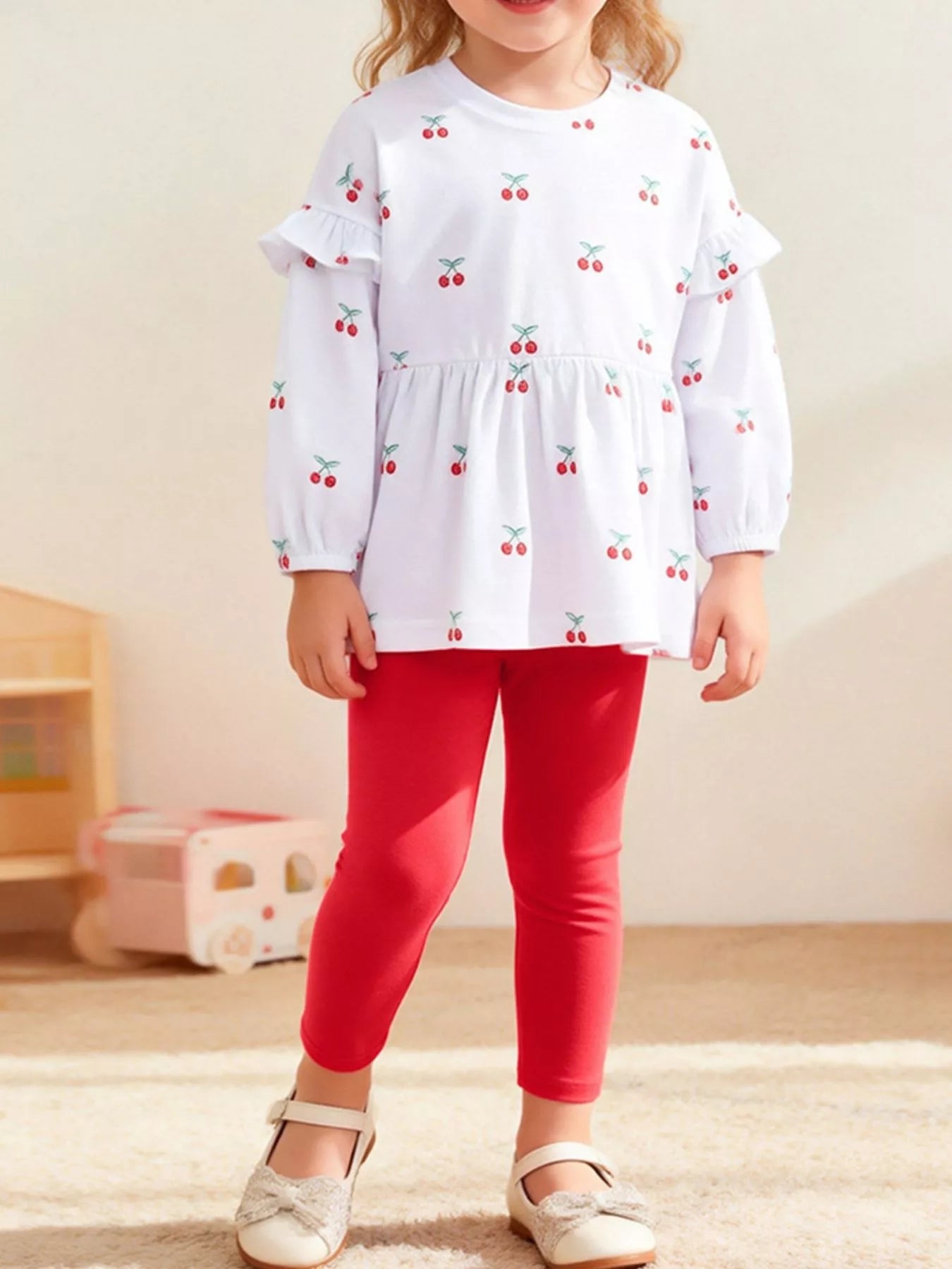 Children's Cherry Print Ruffle Sleeve Top and Leggings Set