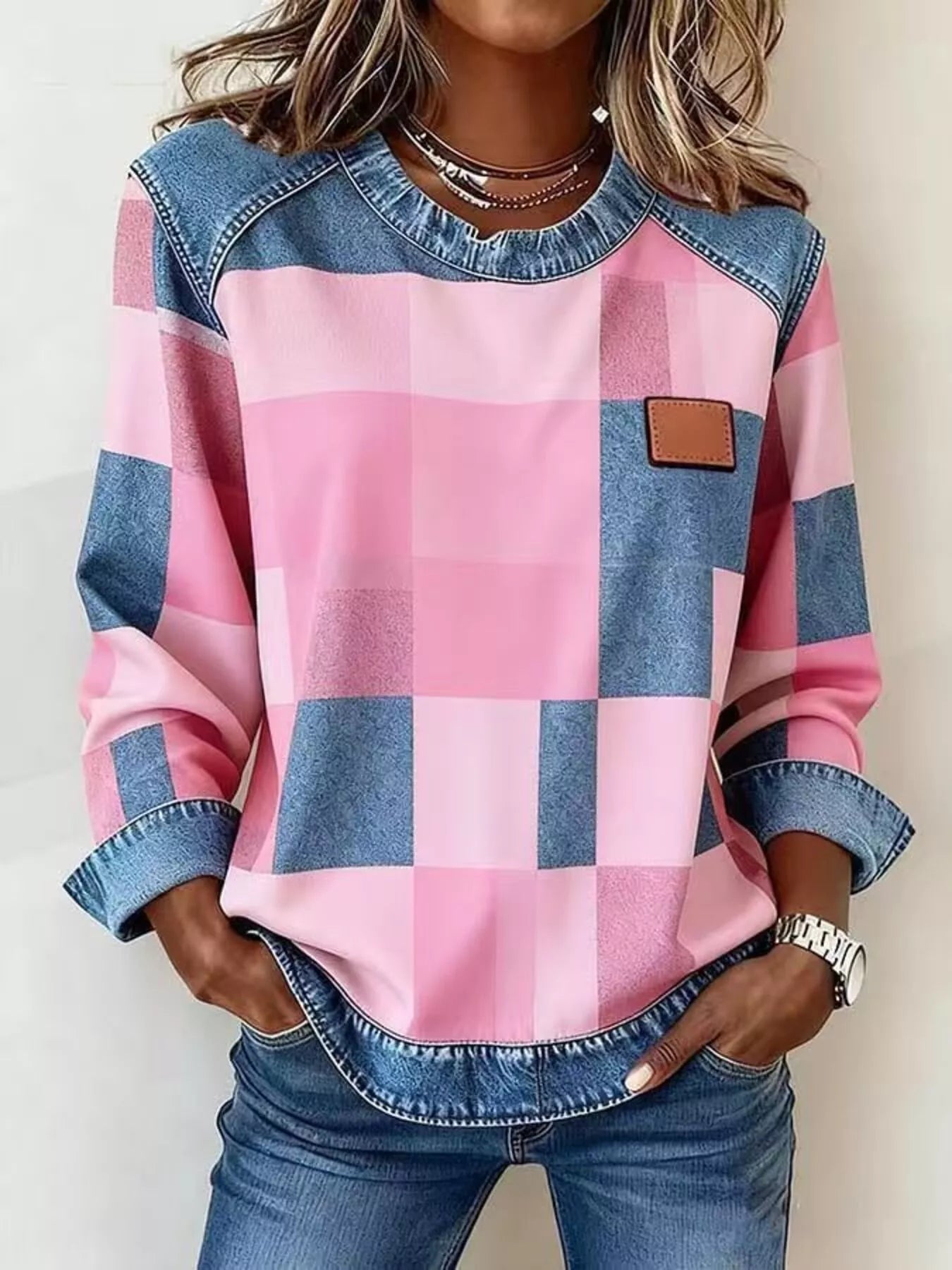 Full Size Plaid Denim Trim Long Sleeve Sweatshirt Plus Size