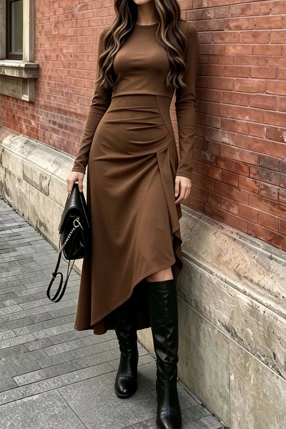 Ruched Asymmetrical Hem Long Sleeve Dress