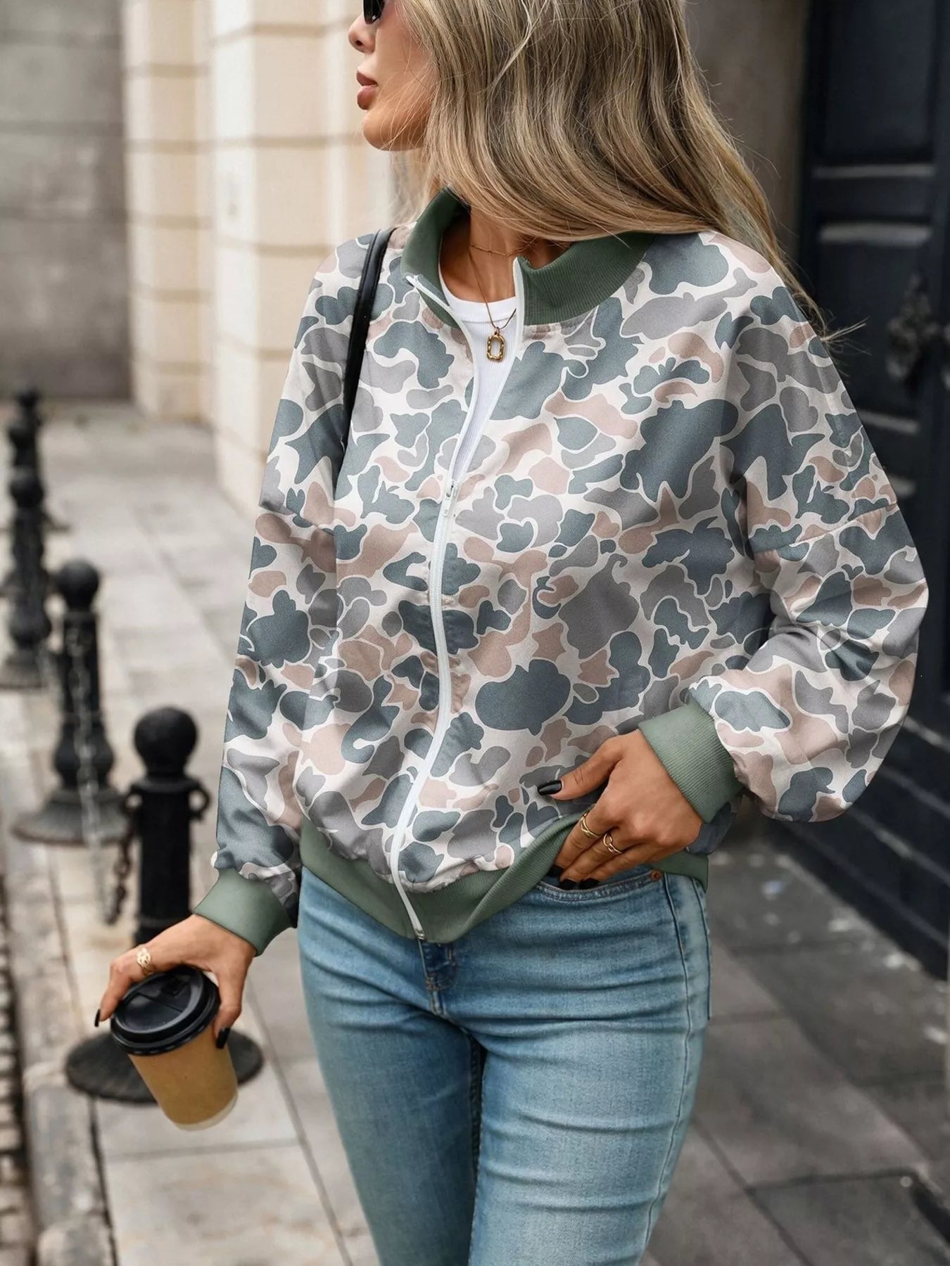 Printed Zip Up Long Sleeve Sweatshirt