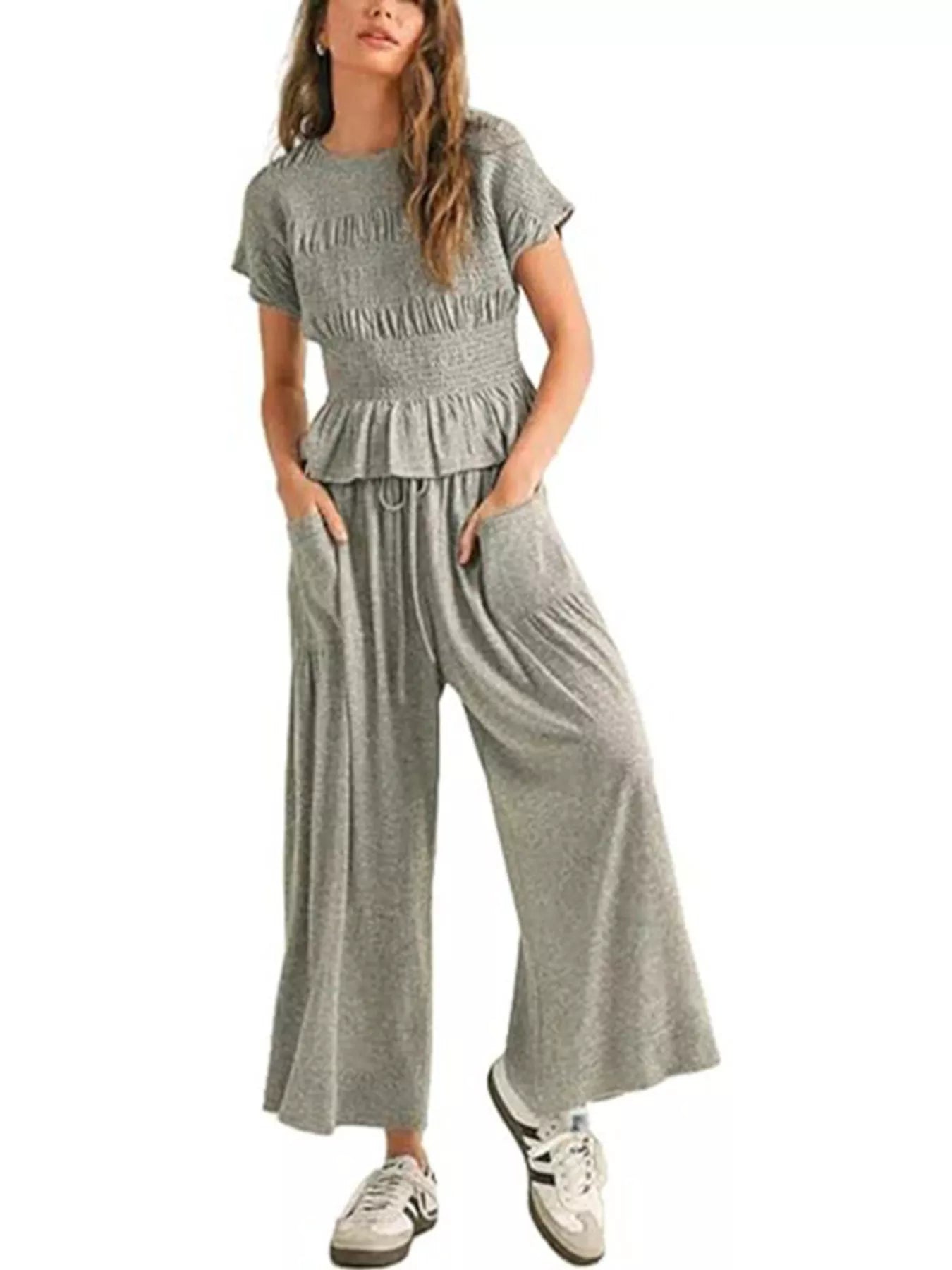 Smocked Peplum Top and Wide-Leg Pants Set