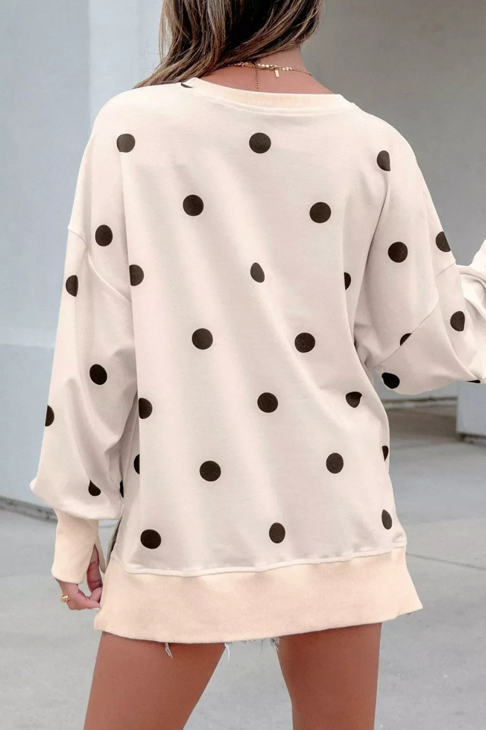 Loose-fit Long Sleeve Round Neck Polka Dot Tunic Sweatshirt
