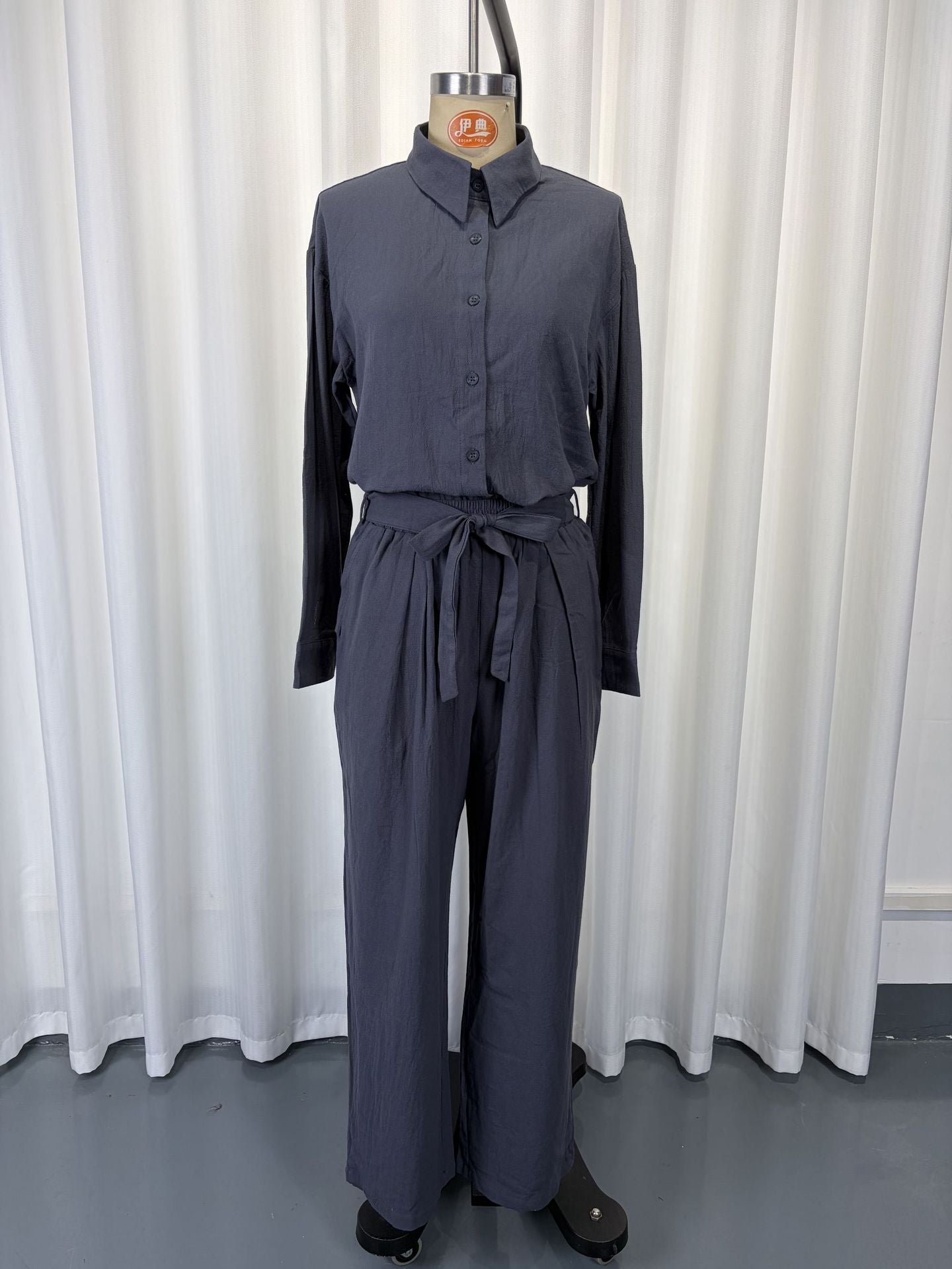 Linen-Look Shirt & Wide-Leg Trouser Set | Drawstring Waist 2-Piece | Gray