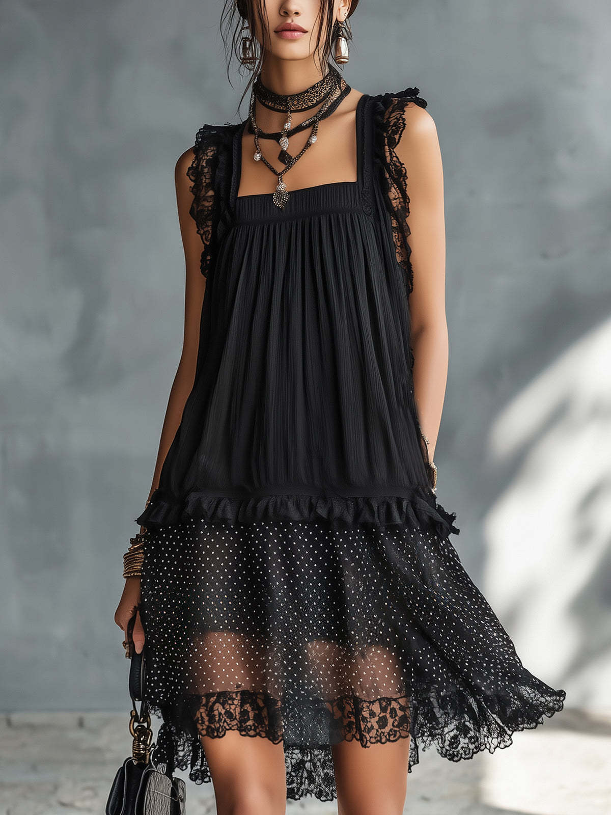Women's Sleeveless Lace Patchwork Mini Dress