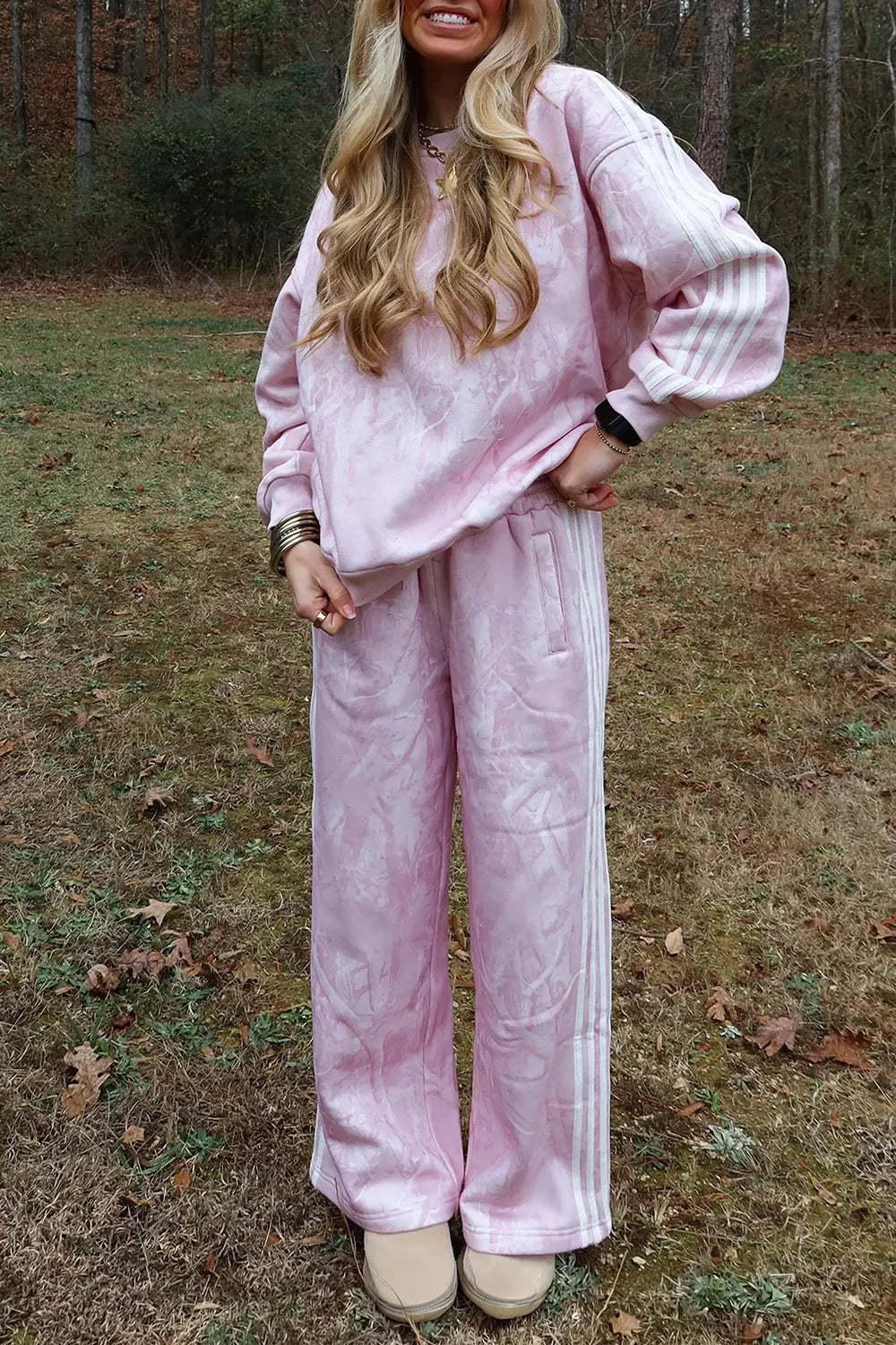 Abstract Print Side Stripe Detail Long Sleeve Top Loose Pants Set