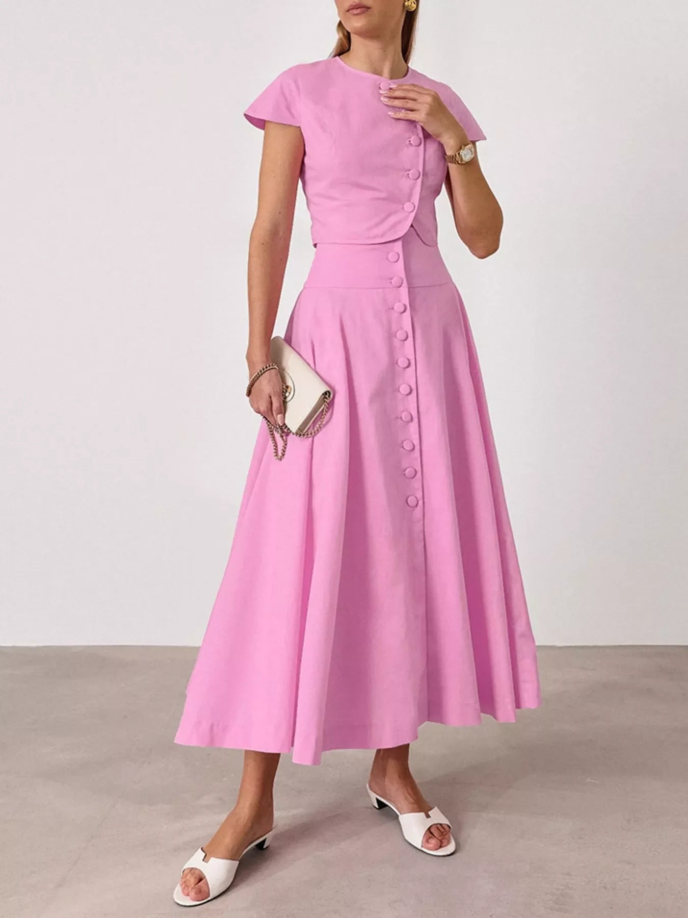 Cap Sleeve Button-Down Crop Top and Midi Skirt Set