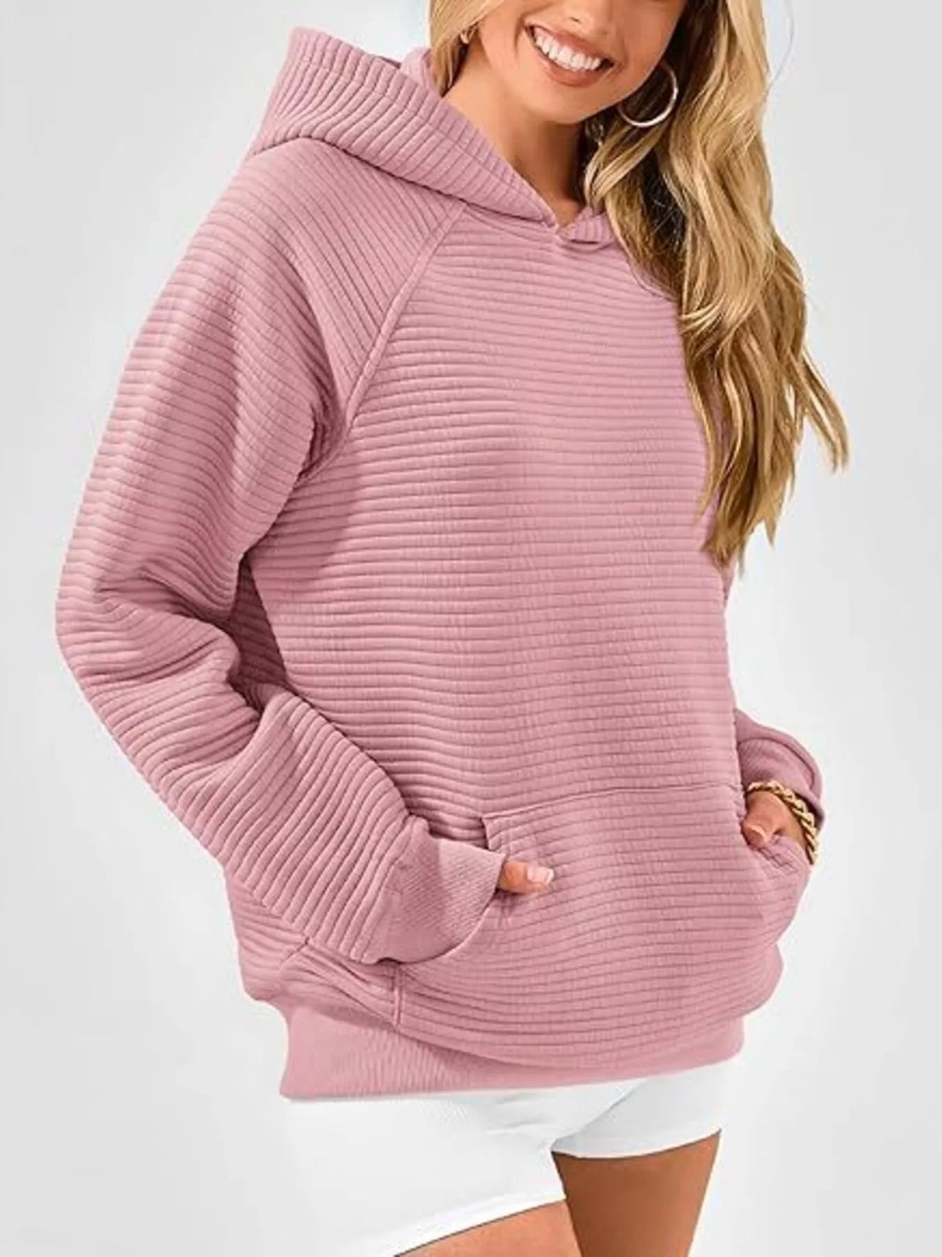 Texture Kangaroo Pocket Raglan Sleeve Hoodie