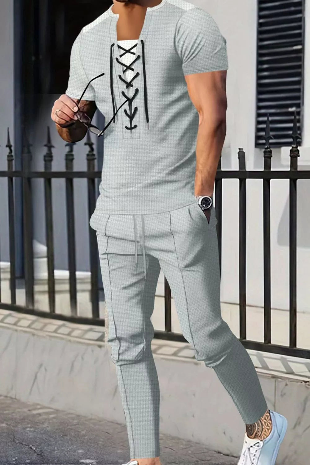 Men's Full Size Lace-Up Front Top and Pants Casual Set Plus Size