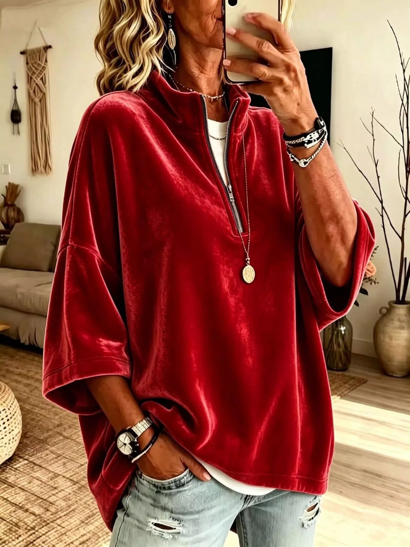 Full Size Velvet Quarter-Zip Sweatshirt Plus Size