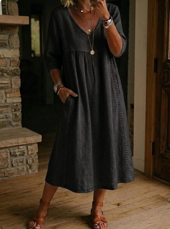 Women's Linen Cotton V-Neck Dress – Lace Trim, Loose Fit, 7 Colors
