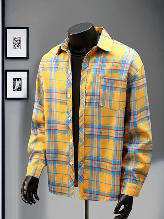 Men's Full Size Casual Plaid Long Sleeve Shirt Plus Size