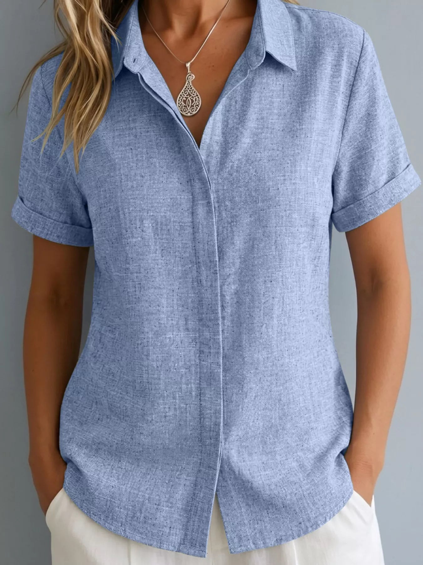 Full Size Collared Neck Short Sleeve Shirt Plus Size