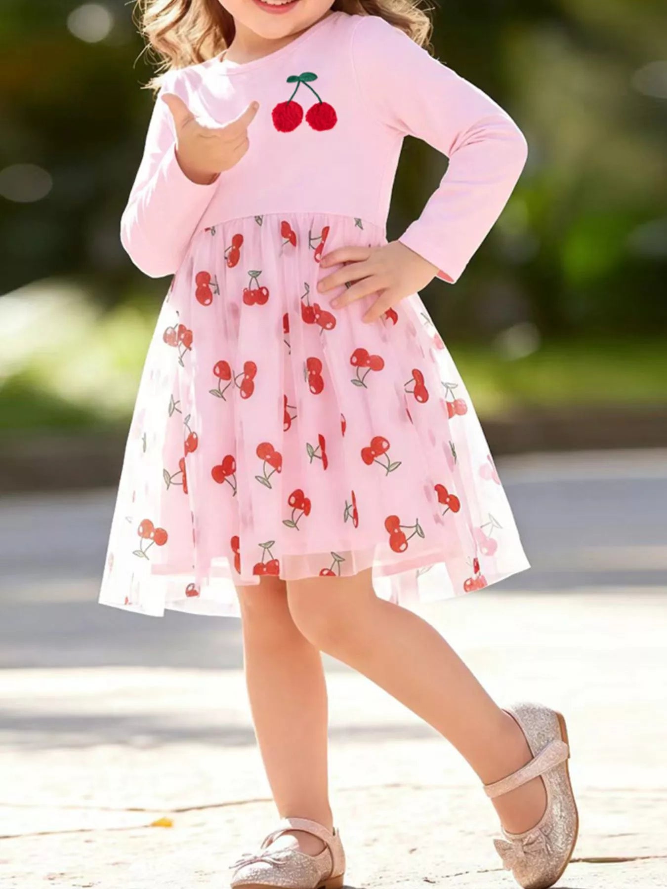 Children's Sweet Cherry Print Tulle Dress with Long Sleeves