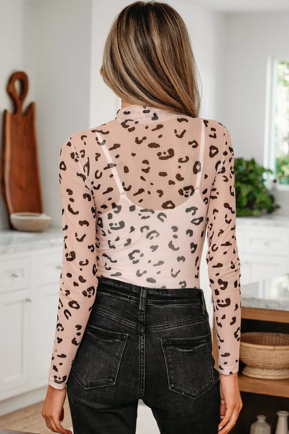 Mock Neck Sheer Mesh Leopard Long Sleeve Bodysuit