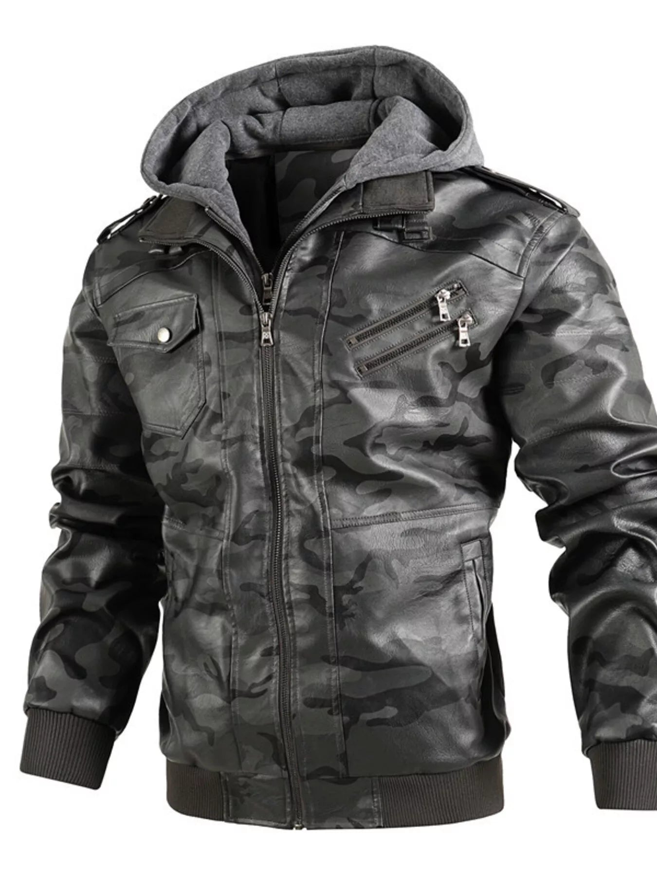 Men's Full Size Hooded Faux Leather Moto Jacket Plus Size