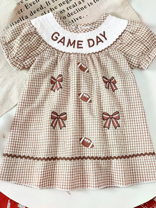 Children's Gingham Football Puff Sleeve Dress