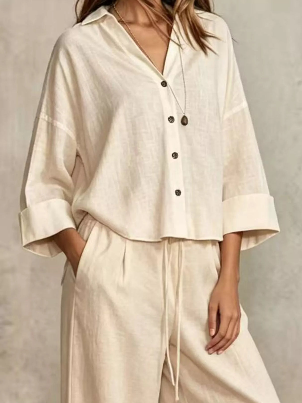 Full Size Button-Down Shirt and Wide-Leg Pants Set Plus Size