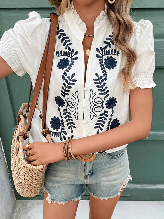 Embroidered Puff Sleeve Blouse
