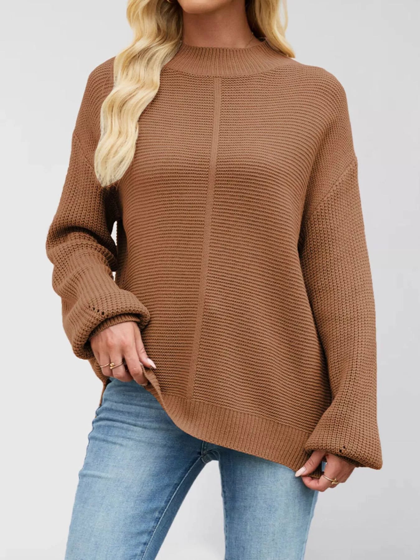 Ribbed Mock Neck Drop Shoulder Sweater