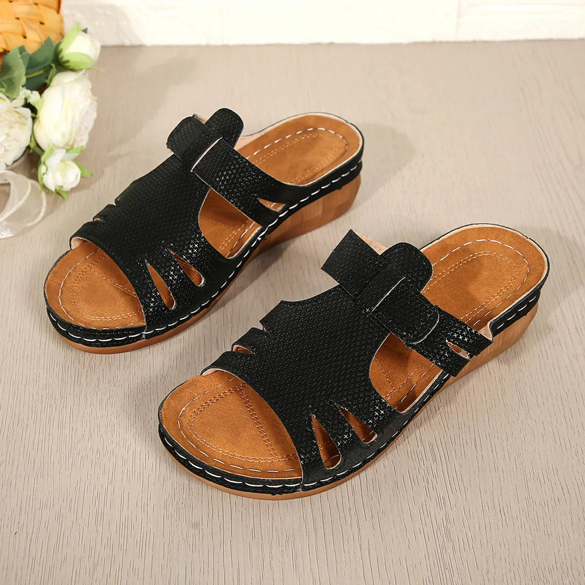 Cutout Open Toe Wedge Sandals